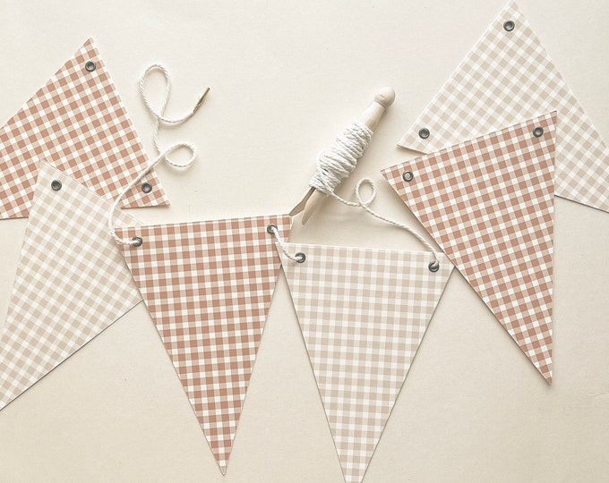 Baby Shower and Nursery Bunting , Beige and Brown Gingham 5x7" Super Heavy Card Stock Flags, Reusable