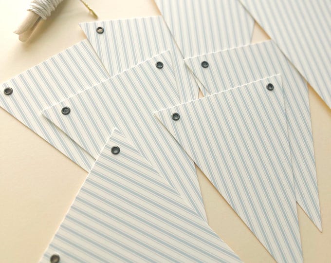 Blue Gray Ticking Bunting, Baby Shower, Birthday and Picnic Decor,  5x7" Super Heavy Card Stock Flags, Reusable