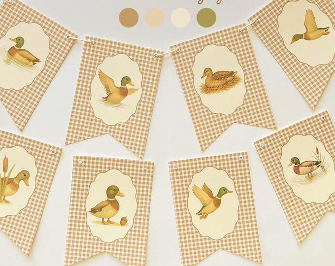 Mallard Duck Baby Shower Banner, Little Duckling Theme, Boy Baby Shower Decoration, Warm Brown Gingham Woodland Decor