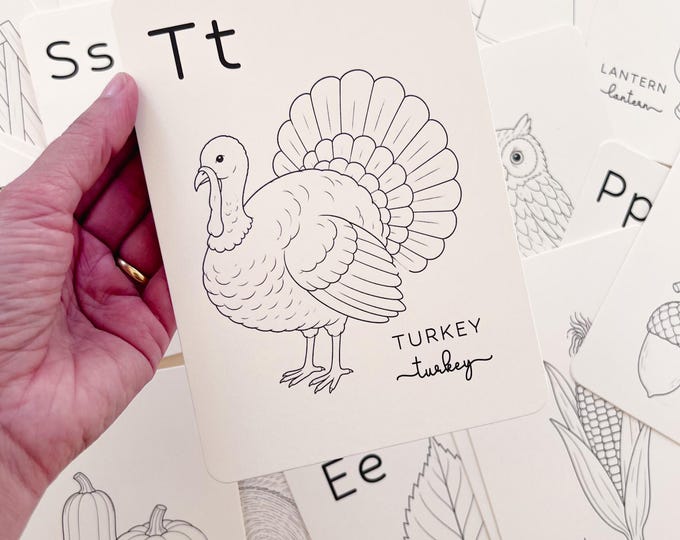 Thanksgiving ABC Coloring Cards,  Fall Kids & Adult Coloring Activity, Hostess Gift