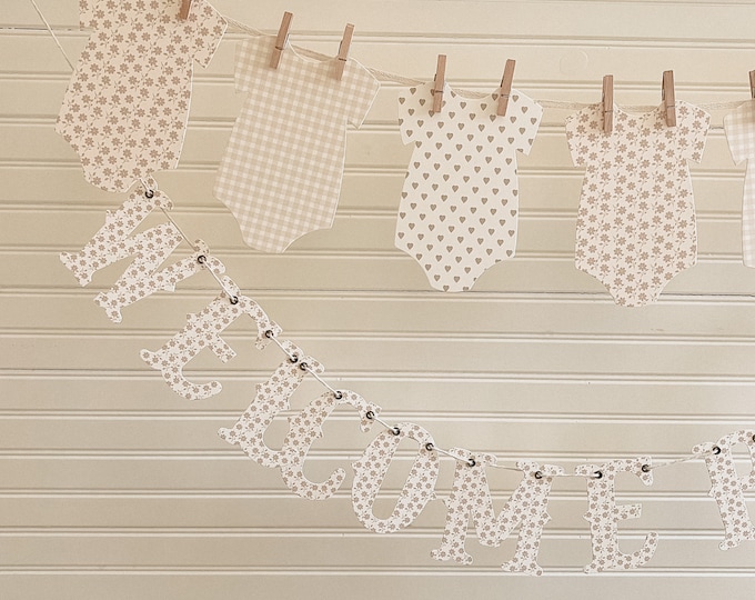 Beige Muted Baby Shower Decorations, Cream Gingham Pattern  Colors, Pale Tan Floral, Simple Minimal Decor, 7 - 5x7" Bodysuits Clothesline