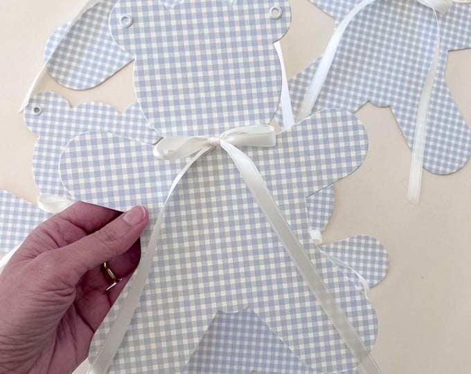 Blue Gingham Teddy Bear Banner Garland, Adjustable Length, Baby Shower or Nursery Decor for Baby Boy, Bearly Wait Theme, Reusable