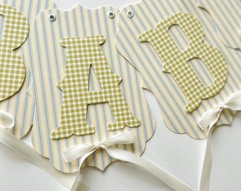 Custom Blue Ticking, Green Gingham Banner, Vintage Pennants, Baby Shower Decorations, First Birthday ONE Banner, High Chair Banner
