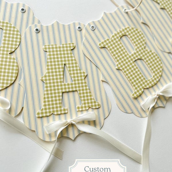 Custom Blue Ticking, Green Gingham Banner, Vintage Pennants, Baby Shower Decorations, First Birthday ONE Banner, High Chair Banner