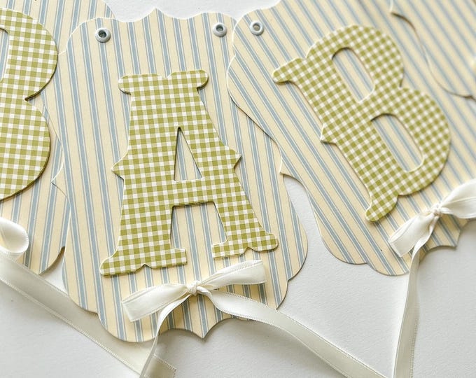 Custom Blue Ticking, Green Gingham Banner, Vintage Pennants, Baby Shower Decorations, First Birthday ONE Banner, High Chair Banner