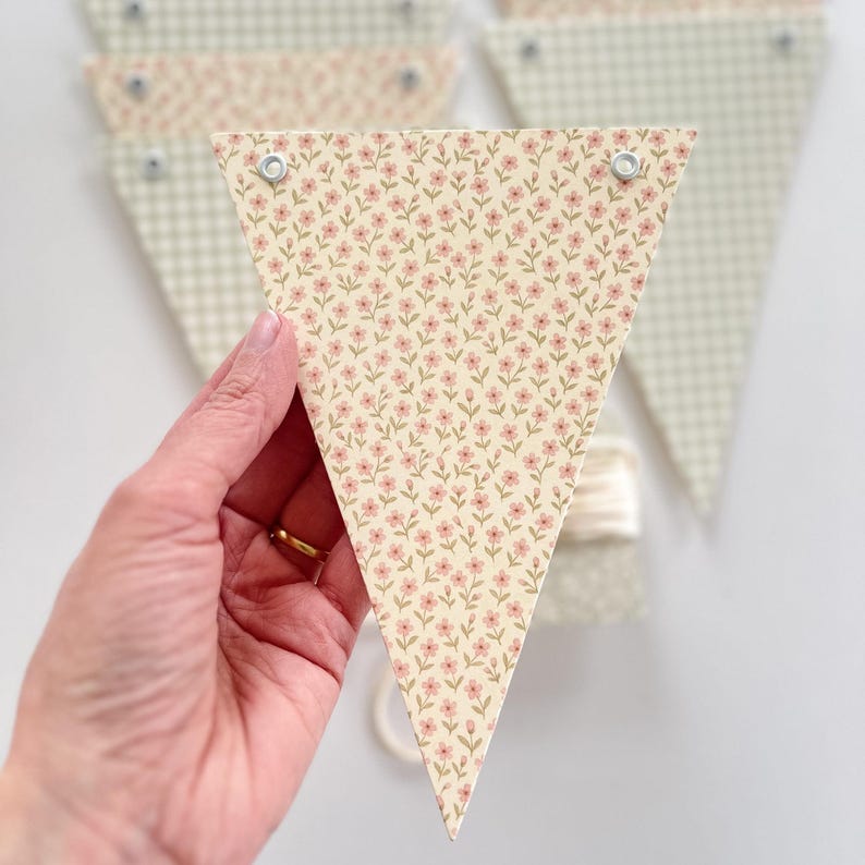 Bunting Banner Sage Green Gingham and Blush Pink Ditsy Flowers, Super Heavy Card Stock, Baby Shower, 5x7" Adjustable Flags image 3