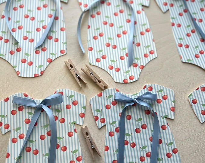 Cherry Baby Shower Decor, 8 Bodysuits with Blue Bows, , Coquette Baby Shower Banner, Cottagecore, Blue Stripe, Preppy Summer Style Garland