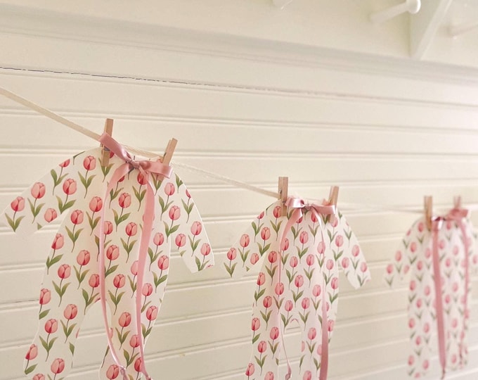 Spring Tulip Baby Shower Banner, Pink Floral Pajamas Decorations with Pink Ribbon Bows, 5 - 8 1/4"W x 9 3/16"H Pajamas, Adjustable Length