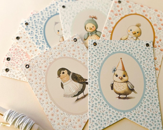 Little Birdie Decor, Vintage Birthday, Room Wall Decor, Vintage Style Mini Florals, 8 Adjustable Pennants, Sweet Little Bird Decorations