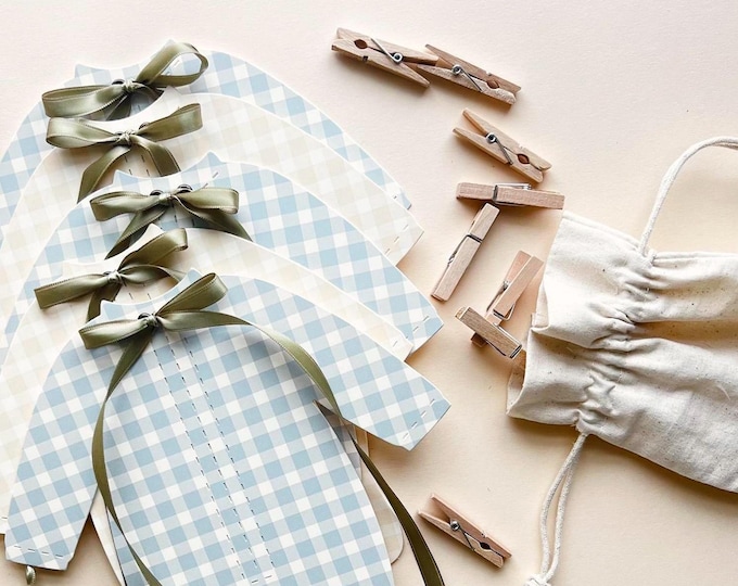 Baby Shower Decoration, Gingham Blue and Cream Baby Clothes Decor with Sage Green Ribbons, 5 - 8 1/4"W x 9 3/16"H Pajamas, Adjustable Length