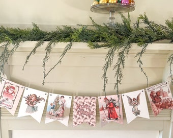 Banner Garland Vintage Christmas Decor, Mantel, Window, Cottage Core Style, Pastel Christmas, Pink, Keepsake Quality, 7 - 5"x7" Pennants