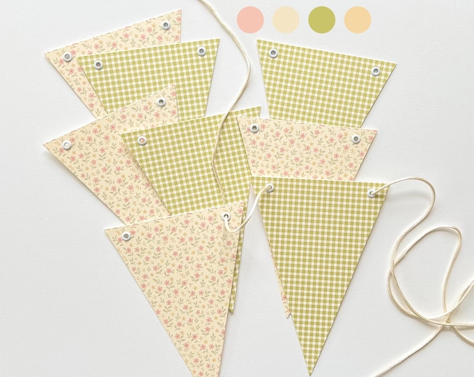 Dainty Floral Bunting, Muted Colors Baby Shower Banner, Moss Green Gingham, Baby Girl Theme Decorations, Cake Table Decor