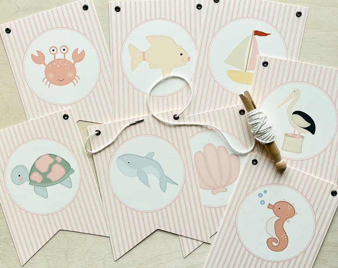 Baby Shower Decoration, Nursery Banner, Nautical Coastal Decor for Pink and White Girl Baby Shower, Sailboat, Whale, Simple Ocean Decor