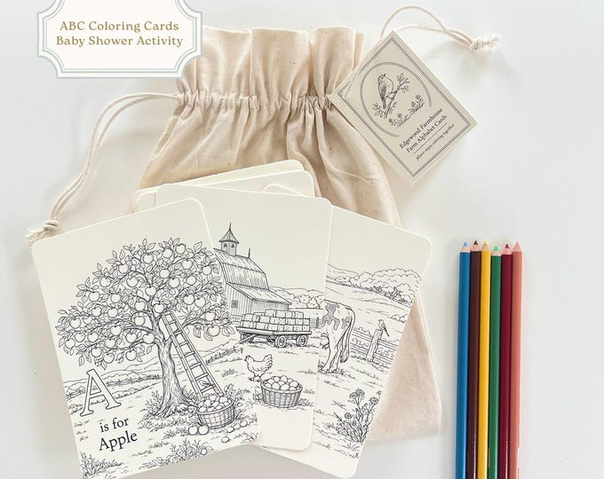Baby Shower ABC Coloring Cards, Farm Alphabet Set, Baby Shower Activity, Locally Grown Country Farm Theme, Kids & Adult Coloring