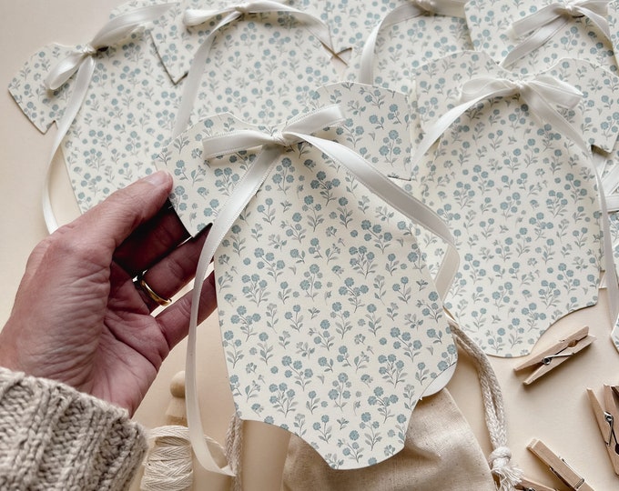 Baby Shower Decor Banner, 8 Elegant Vintage Blue Floral Baby Bodysuits, Ivory Satin Ribbon, Clothesline Decor, Adjustable Length Garland