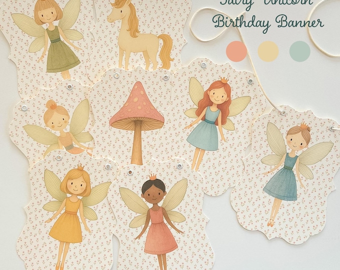 Fairy Unicorn First Birthday Banner, Vintage Storybook Girl Birthday Decor,   Fairy Garden Party Garland, 1st Birthday Girl, Mushroom Decor