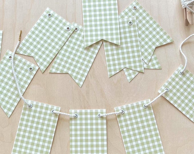 Green Gingham Banner, 12 Mini 2"x4" Pennants & Twine, Cottage Decor, Drape Across Chalkboard, Birthday, Room Decor, Teacher Gift, Photo Prop