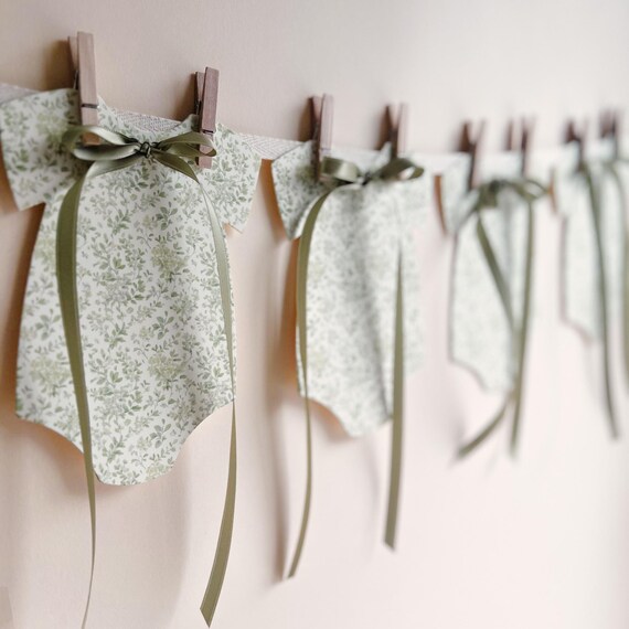 Baby Shower Decor, 8 Elegant Greenery Botanical Bodysuits with Sage Bows, Olive Green, Clothesline Decor, Coquette Baby Shower, Cottagecore