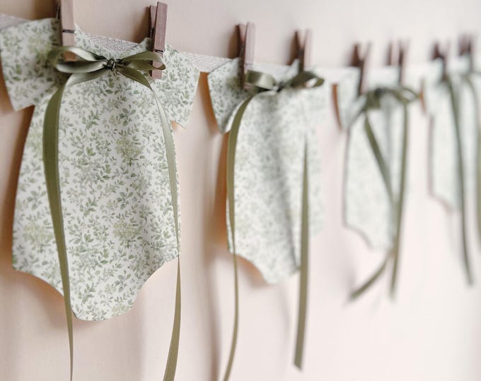 Baby Shower Decor, 8 Elegant Greenery Botanical Bodysuits with Sage Bows, Olive Green, Clothesline Decor, Coquette Baby Shower, Cottagecore