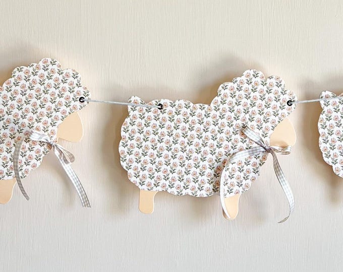 Baby Shower Sheep Lamb Decor Garland, 5 Large Floral Lambs with Bows, Adjustable Length, Easter Spring Garland, Country Cottage Decoration