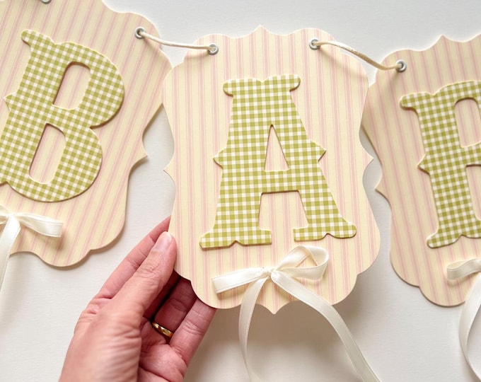 Custom Baby Shower Banner, Blush Pink, Cream & Green Gingham Letters, First Birthday ONE Banner, High Chair Banner, Personalized Baby Sign