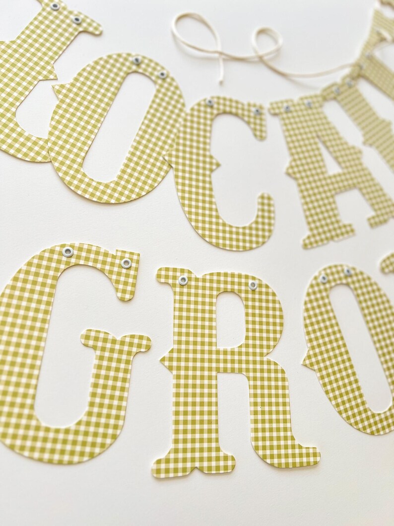 May include: A banner spelling out "LOCAL GROCER" in olive green and white gingham patterned letters. The letters are connected by a thin, natural-colored string. Each letter is individually cut and has small silver eyelets.