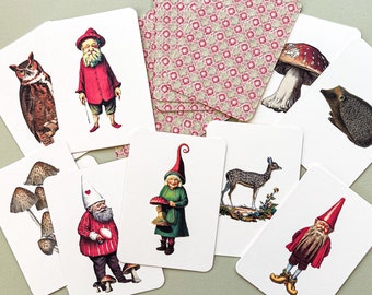 Gnome Matching Game | Memory Game | 24 - 3  1/2" x 4 7/8" Cards | All Ages Gift | Antique Woodland Gnomes | Vintage Christmas Gnome Art