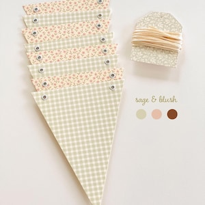 Bunting Banner Sage Green Gingham and Blush Pink Ditsy Flowers, Super Heavy Card Stock, Baby Shower, 5x7" Adjustable Flags image 2
