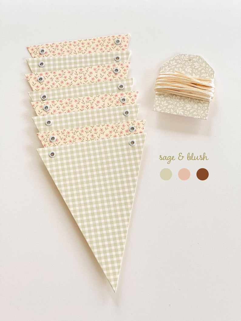 Bunting Banner Sage Green Gingham and Blush Pink Ditsy Flowers, Super Heavy Card Stock, Baby Shower, 5x7" Adjustable Flags image 2