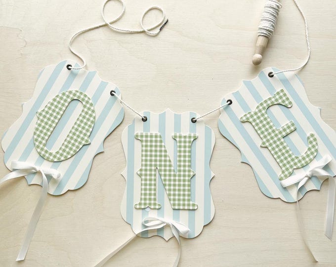 Blue Stripe Highchair Banner ONE First Birthday, Green Gingham Letters , Sophisticated, Boy/Girl 1st Birthday Decor, Photo Prop, Adjustable