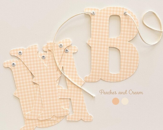 Custom Baby Shower Banner, Vintage Style Letters, Heirloom Gingham Check, Welcome Baby, Sweet Little Peach, Happy Birthday, Baby Name