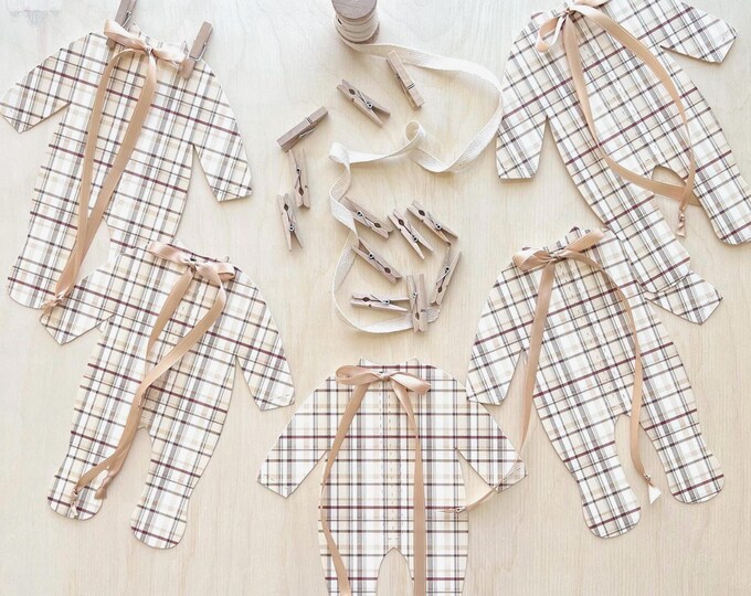 Boy Baby Shower Decor, Tan Beige Plaid Vintage Style Preppy Baby Clothes Decor, 5 - 8 1/4"W x 9 3/16"H Pajamas, Adjustable, Keepsake
