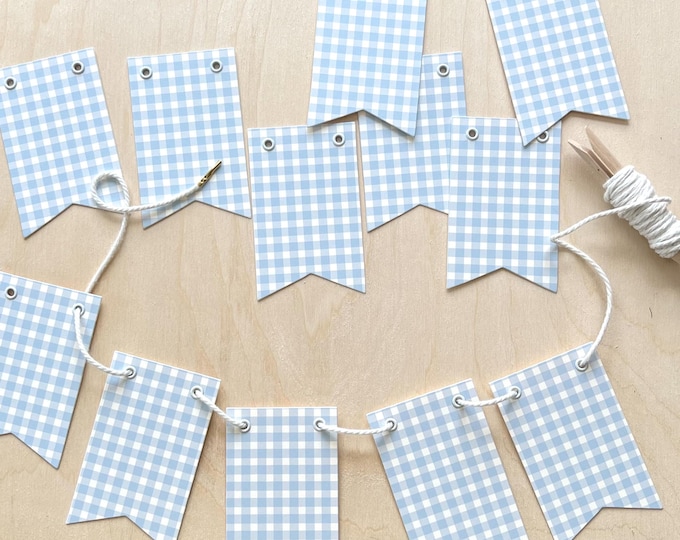 Blue Gingham Banner, 12 Mini 2"x4" Pennants & Twine, Cottage Decor, Drape Across Chalkboard, Birthday, Room Decor, Teacher Gift, Photo Prop