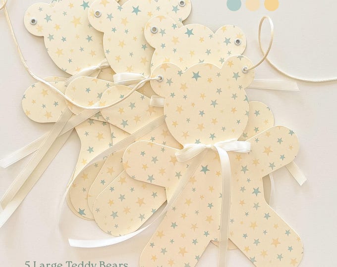 Baby Shower Teddy Bear Banner Garland, 5 Large Mint & Yellow Star Bears, We Can Bearly Wait, Welcome Baby Theme, Nursery Decorations