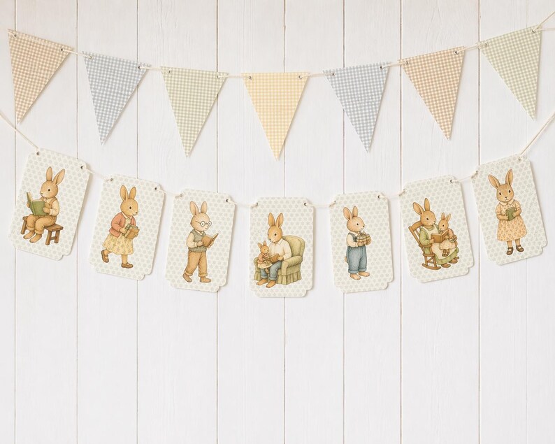 May include: A decorative banner featuring illustrated bunnies in various poses, strung with a matching gingham pennant garland. The bunny illustrations depict scenes of reading, holding gifts, and family moments, all set against a white background.