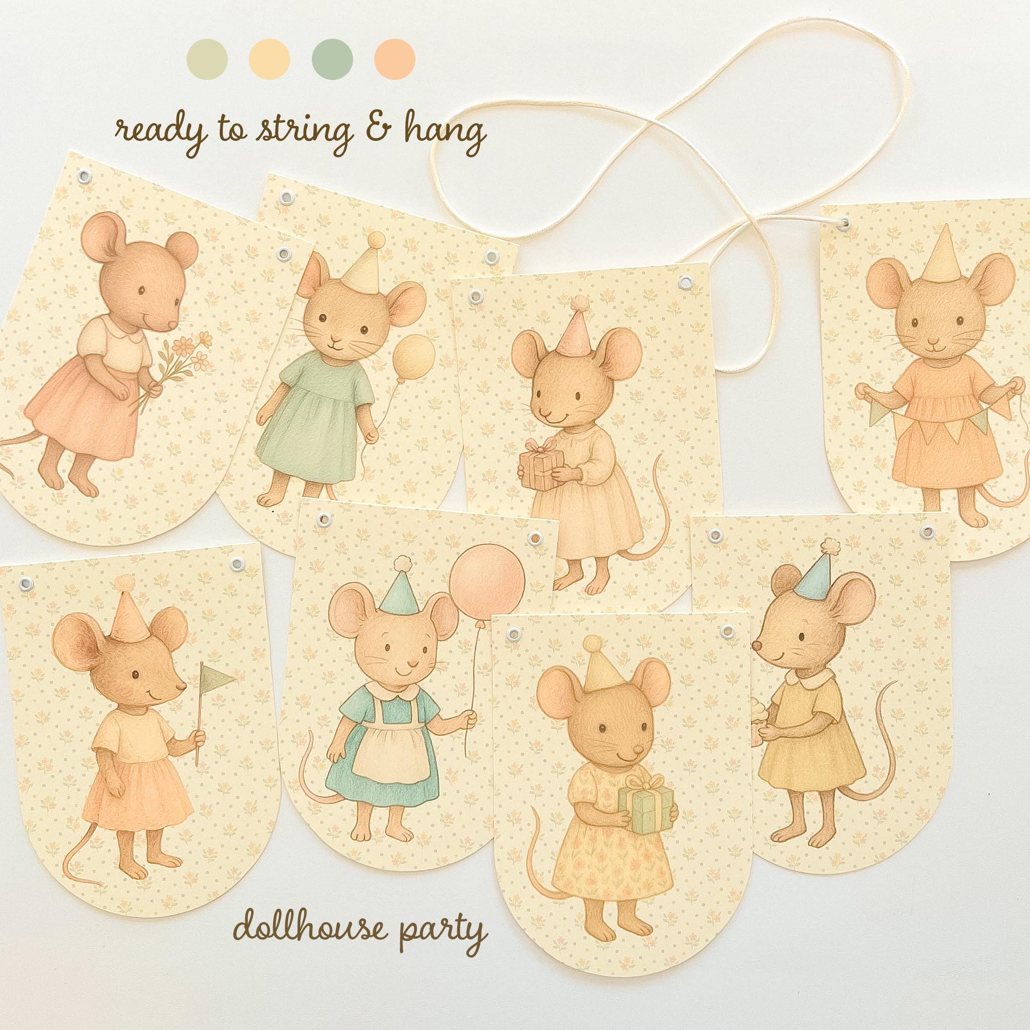 Mouse Doll Birthday Garland, Storybook First Birthday Decor, Dollhouse Party Banner, Cottagecore Little Mouse, Heirloom Party Decorations