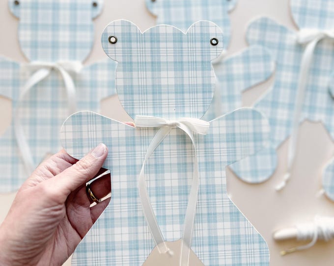 Baby Shower Teddy Bear Banner Garland, 5 Large 7 3/8"W x 9 1/2"H Blue Plaid Bears, Adjustable Length, Nursery Decoration for Baby Boy