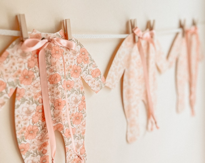 Peach Baby Shower Decorations, Elegant Peach Floral Pajamas Banner with Ribbon Bows, 5 - 8 1/4"W x 9 3/16"H Pajamas, Adjustable Length