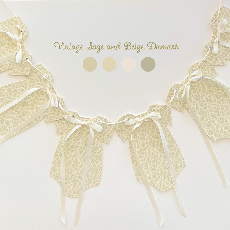 Baby Shower Decor, 8 Sage and Beige Damask Botanical Bodysuits with Cream Bows, Coquette Baby Shower, Cottagecore Decorations image 1