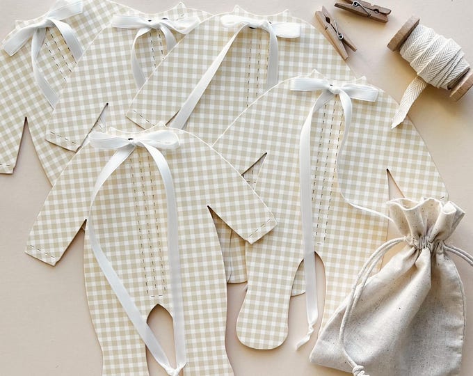 Beige Gingham Baby Shower Banner, Beige Tan Pajamas Decorations with Cream Ribbon Bows, 5 - 8 1/4"W x 9 3/16"H Pajamas, Gender Neutral