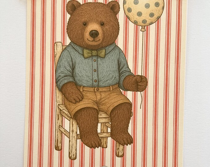Red Stripe and Vintage Bears, Baby Boy Storybook First Birthday Decor, For Fireplace Decor or Cake Table Backdrop Banner