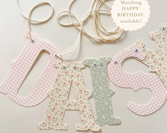 Personalized Birthday or Baby Shower Banner Sign, Sage and Pink  Floral , Personalized Girl Name, Vintage Style Letters