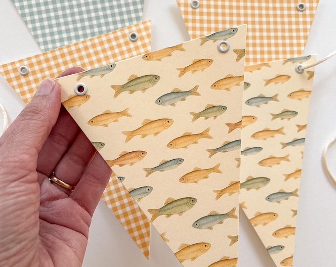 Vintage Fish Bunting Banner, Little Fisherman Birthday Decor, Lake House Party Garland, Fishing First Birthday (8 flags)