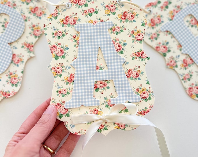 Custom Baby Shower Banner, Vintage Roses on Beige and Pale Blue Gingham, Baby Girl Shower Decorations, Personalized Welcome Baby Sign