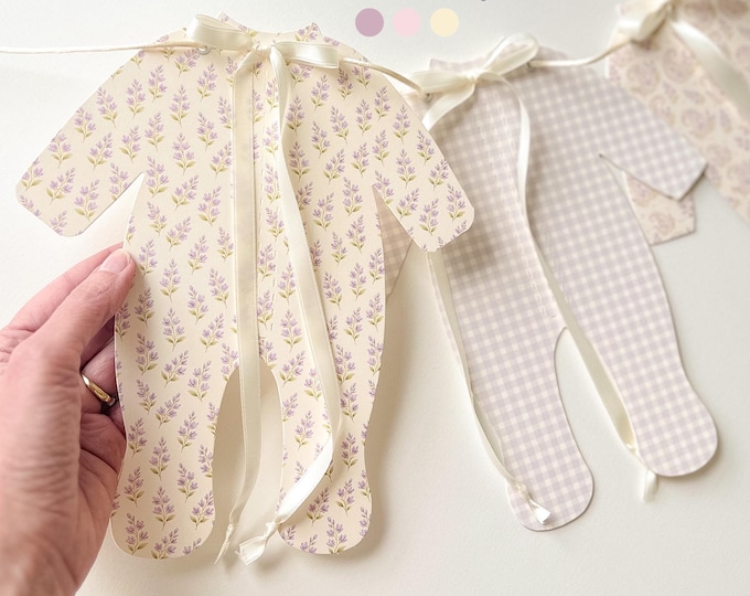Girl Baby Shower Banner, Lavender and Cream Floral Pajama Garland, Vintage Soft Purple Baby in Bloom Decor, Welcome Baby, Adjustable Length