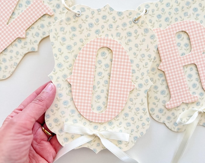 Custom Baby Shower Banner, Vintage Blue Roses, Beige, Blush Gingham, Baby Girl Shower Decorations, First Birthday ONE Banner, High Chair