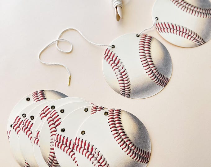 Baseball Baby Shower, Birthday Party Decor, 10 - 5 3/8" Vintage Baseball Garland, Adjustable Length, Heavy Duty Card Stock, Boy Baby Shower