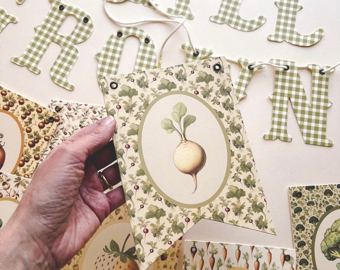 Baby Shower Locally Grown Banner Garland, Farmer's Market Decor, Vintage Farmhouse Style, Green Gingham Pattern, Adjustable Length