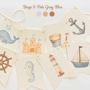Baby Shower Decoration, Sea You Soon Vintage Nautical Coastal Decor for Its A Boy Baby Shower, Sailboat, Whale, Cream, Beige & Gray Blue