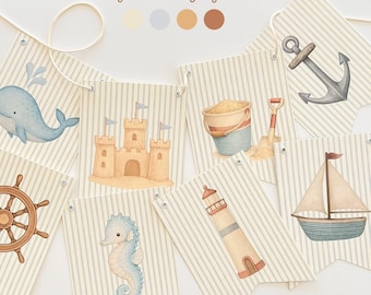 Baby Shower Decoration, Sea You Soon Vintage Nautical Coastal Decor for Its A Boy Baby Shower, Sailboat, Whale, Cream, Beige & Gray Blue